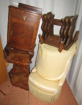 An oak nest of three tables, together with a burr walnut bedside cabinet, burr walnut three tier cor