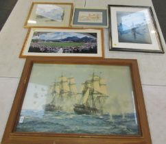 Pictures and prints, etc, to in include After Montague Dawson. Study of two ships, 49cm x 74cm, wate