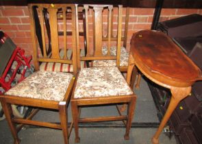 A set of three oak slat back dining chairs, drop in seats, a mahogany example, and an occasional tab