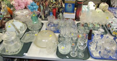 Various glassware, to include cake dish and cover, cake stand, drinking glasses, candlesticks, bowl,