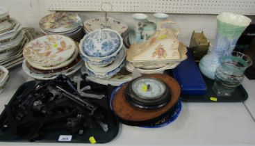 Decorative china and effects, to include collectors plates, plate stands, oak and box wood inlaid ba