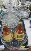 Glass ware, to include decanters, pedestal dish, together with two Bell Scotch Whisky bottles (lacki