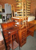 A group of furniture, to include a mahogany two tier jardiniere, oak towel rack, wine rack, stool, d