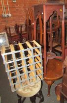 A group of furniture, to include a walnut occasional table, two tier jardiniere stand, wine rack, st