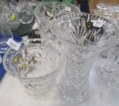 Cut glass vases, to include one of waisted form, 25cm high.