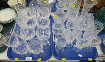 Moulded and pressed glass ware, comprising wine glasses, tumblers, vases, etc. (2 trays)