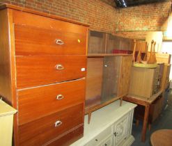 A group of furniture, to include a mid century four drawer chest, stool, bedside tables, pine topped