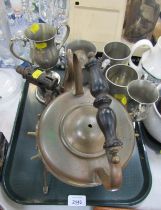 A copper kettle on stand, grease gun and pewter tankards. (1 tray)