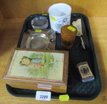 A Mauchline ware needle case, for Peterborough Cathedral, 7cm high, together with an ash tray, City