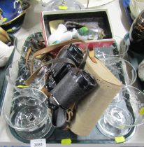 A pair of 6x30 binoculars, cased, together with a porcelain pipe, oak biscuit barrel, glassware, etc