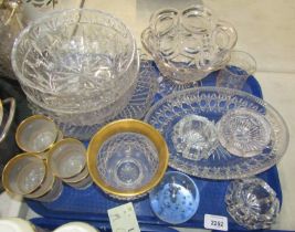 Moulded and cut glass ware, to include gilded central rose bowl and six tumblers, fruit basket, cand