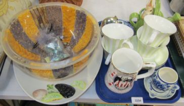 Decorative ceramics and effects, to include cups and saucers, sea food serving tray, wicker basket,