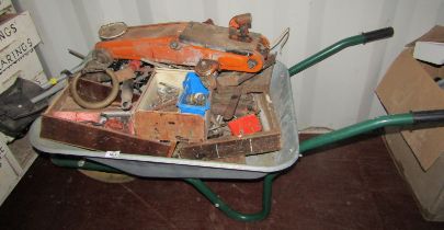 Various tool bits, together with a wheel barrow, car jack, etc. (a quantity)