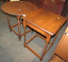 An oak occasional table, the square top with a moulded edge, on spiral twist legs, united by stretch