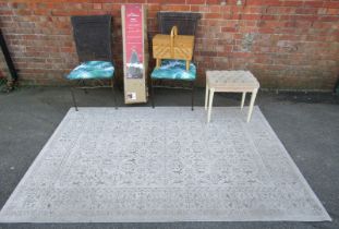 Two wicker dining chairs, together with a machine woven rug, a Christmas tree, stool and cantilever