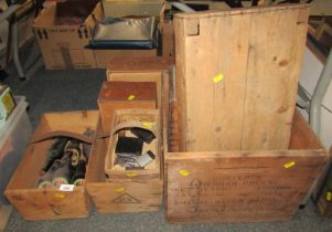 Various wooden crates, for Cheddar Cheese, a Guernsey Tomato trug, together with lighters, Watney Al