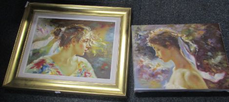 20thC School. Portrait studies of two young women, over painted prints, unsigned, 31cm x 41cm, one f