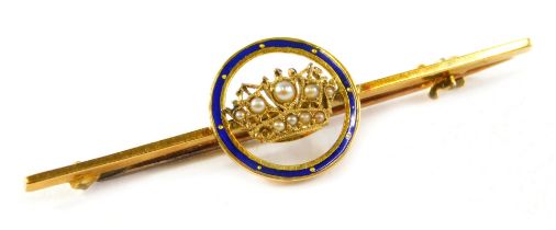 A bar brooch, with central circular emblem set with blue enamel and crown with cultured pearl, on a