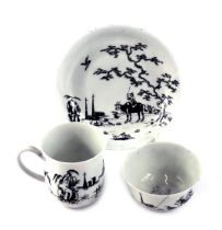 A First Period Worcester porcelain trio of cup saucer & tea bowl, decorated in the 'Boy on Buffalo'