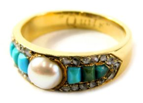 An Edwardian dress ring, set with central blister pearl, surrounded by tiny diamonds and turquoise,