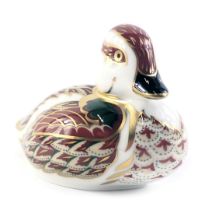 A Royal Crown Derby porcelain Bakewell Duckling, gold button and printed marks in red, boxed.