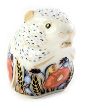 A Royal Crown Derby porcelain Poppy Mouse paperweight, gold button and red Collectors Guild back sta