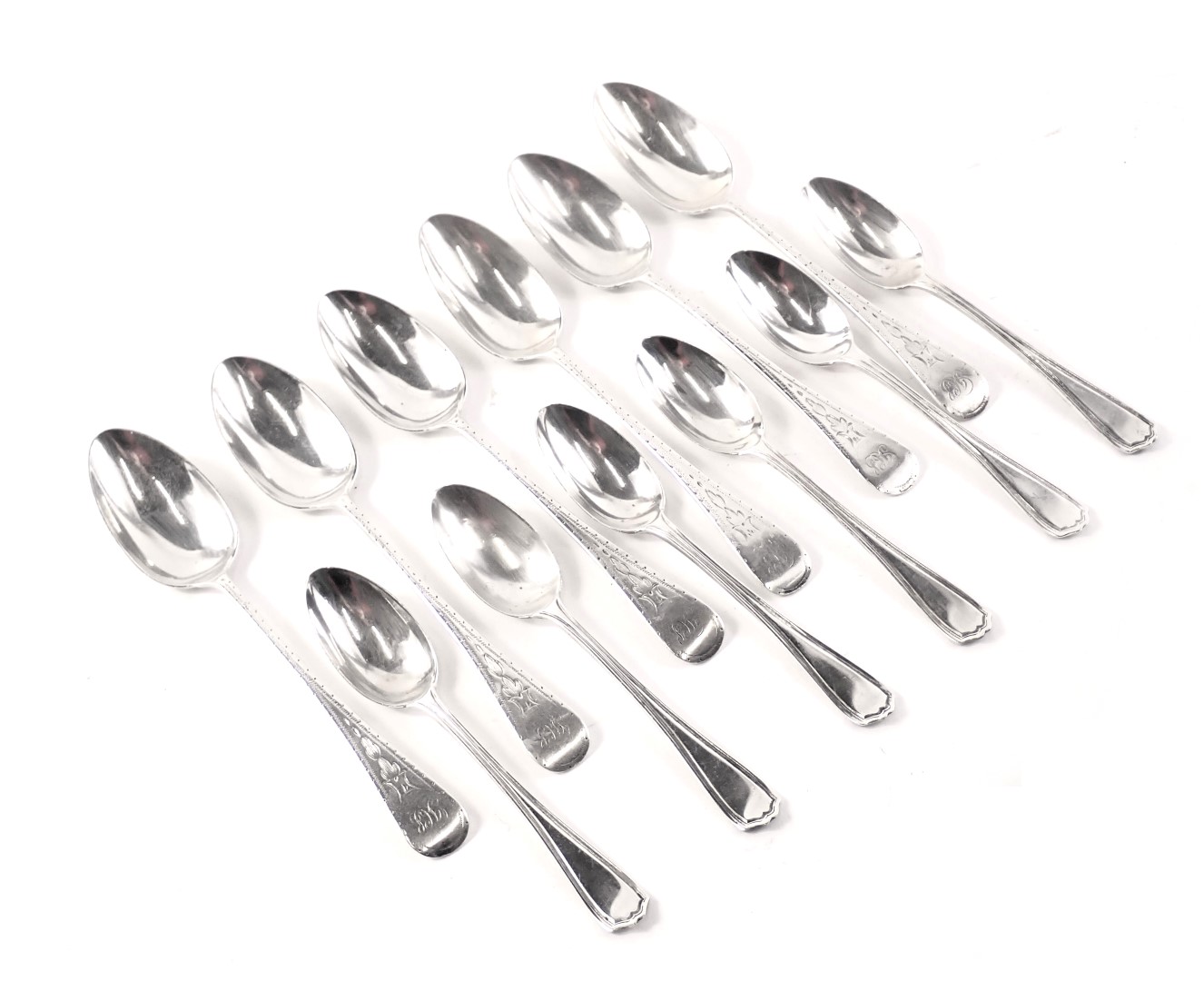 Twelve silver teaspoons, comprising a set of six fiddle pattern and thread topped Victorian silver t