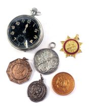 Military interest. Comprising a stainless steel cased pocket watch stamped GS MK2 and numbered 447,