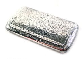 A Victorian silver rectangular snuff box, with floral scroll decoration on central shield bearing th