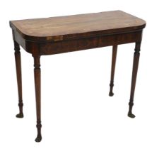 A late Regency rosewood D end fold over card table, the top with a triple wide crossbanding, with ba