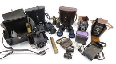 A pair of Prinz binoculars, sets of opera glasses, telescope, boxed cameras, etc.