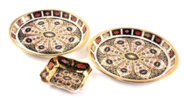 Three items of Royal Crown Derby Imari porcelain, comprising two oval pin dishes in the Imari patter