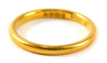 A 22ct gold wedding band, of plain design, ring size M½, 3.2g all in.