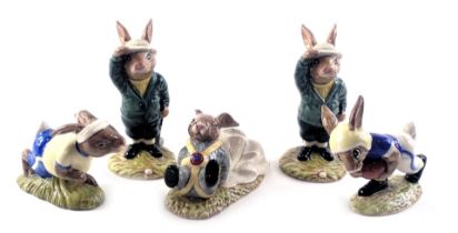 Five Royal Doulton Bunnykins figures, comprising Jogging Bunnykins, Freefall Bunnykins, two Bogie Bu