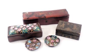 A rectangular cigarette box, with coloured enamel lid, two matching dishes, an Oriental glove box, a