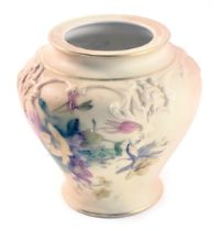 A Royal Worcester blush ivory jar, with hand painted decoration of flowers, and purple stamp to unde