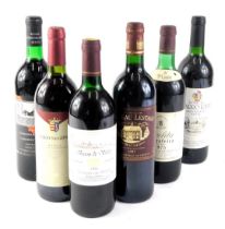 Six mixed bottles of red wine, to include Evelita Garrafeira 1975, Spanish reds, etc.