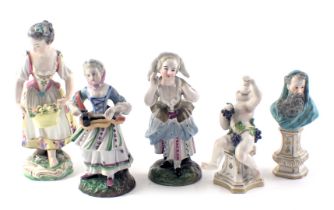 A group of Continental porcelain figures, comprising a 19thC cherub on pedestal drinking from goblet