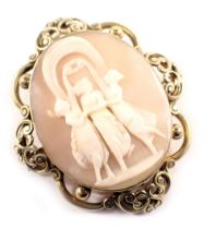 A 19thC shell cameo brooch, the oval plate with three maidens in flowing dress, with an arched Pinch