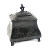 A 19thC pewter tea caddy, of sarcophagus shaped form with bracket feet, 17cm high, 13cm wide, 11cm d