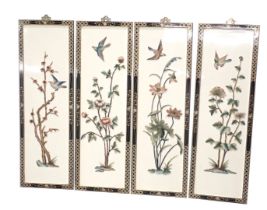 A set of four oriental pictures, each with Shiboyama style decoration of birds and flowers, on a cre