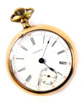 An early 20thC Waltham gold plated pocket watch, with white enamel Roman numeric dial, second