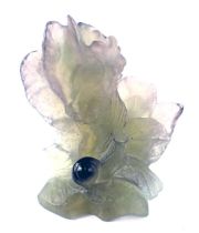 A French Daum Pate De Verre art glass candlestick, modelled as a snail climbing leaves, etched mark