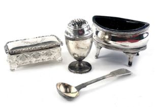 Small silver wares, comprising a silver pepper pot, cut glass and silver topped rectangular dressing