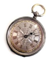 A 19thC fob watch, with a silvered and yellow metal engraved dial, with Roman numerals and blue hand