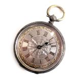 A 19thC fob watch, with a silvered and yellow metal engraved dial, with Roman numerals and blue hand