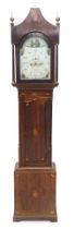 A 19thC longcase clock by T Kilham of Epworth, the arched dial painted with war ships, etc., with an