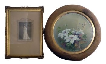 A Victorian painted Toleware plaque, decorated with flowers within a velvet frame, 42cm wide (AF), a