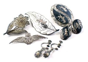 A group of silver and other jewellery, comprising a siam sterling white enamel set leaf brooch, two