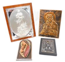 A modern Greek souvenir silver mounted icon, two other icons and a plaque.